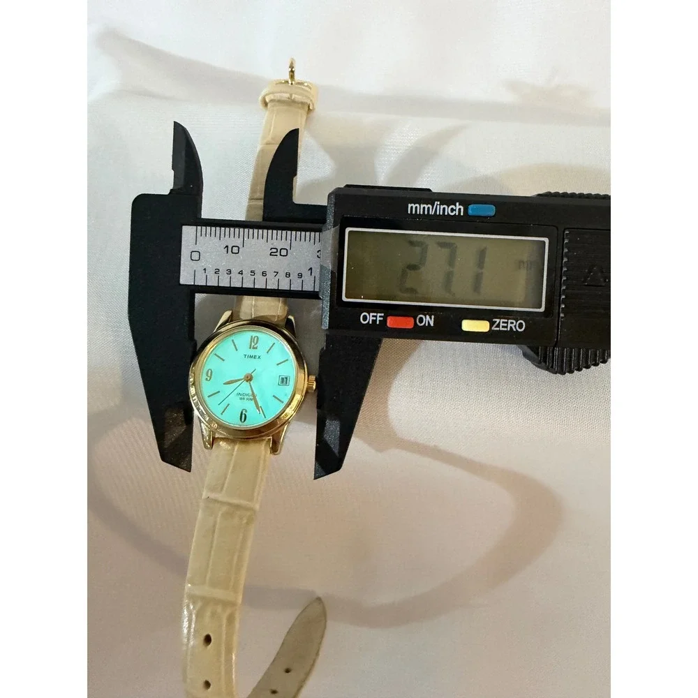 Timex Indiglo Watch Womens Gold Tone Mother of Pearl Dial Leather Strap N7